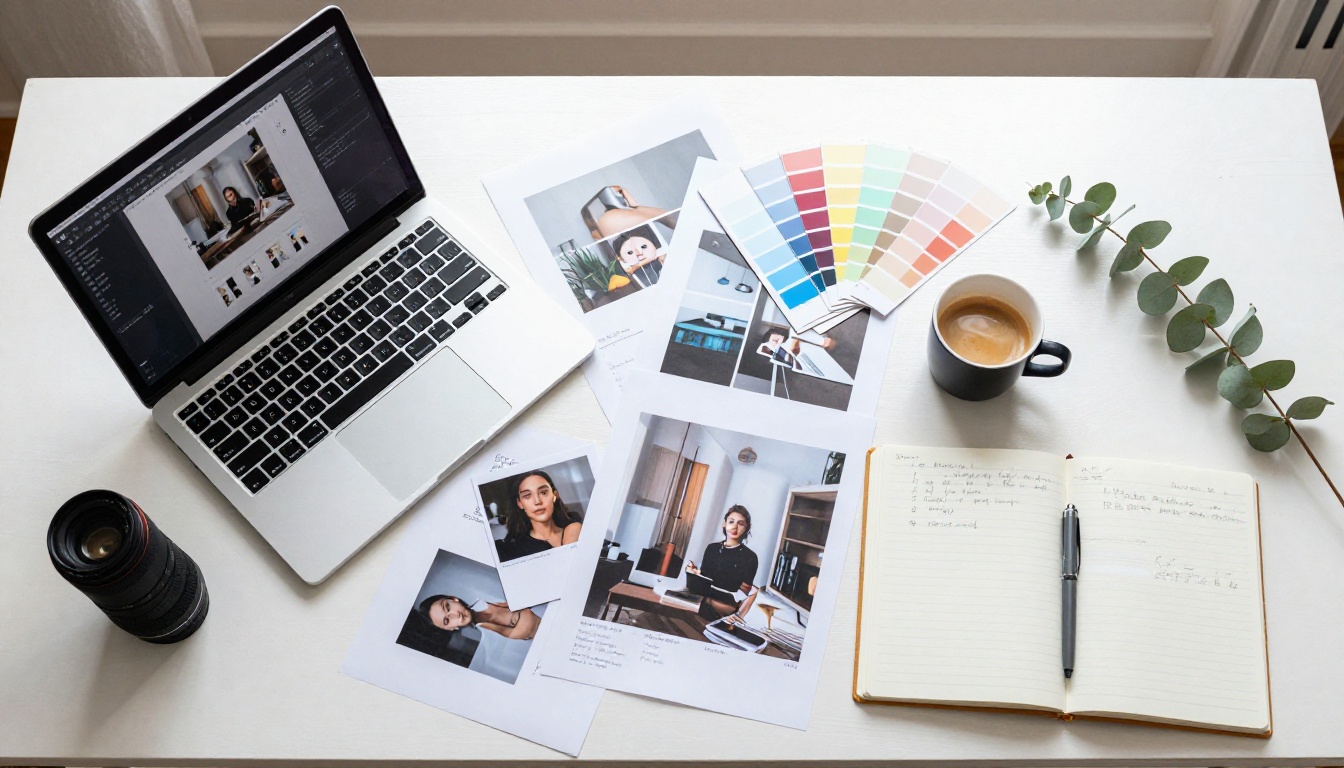 Aerial overhead flat-lay of creative workspace with design tools and laptop