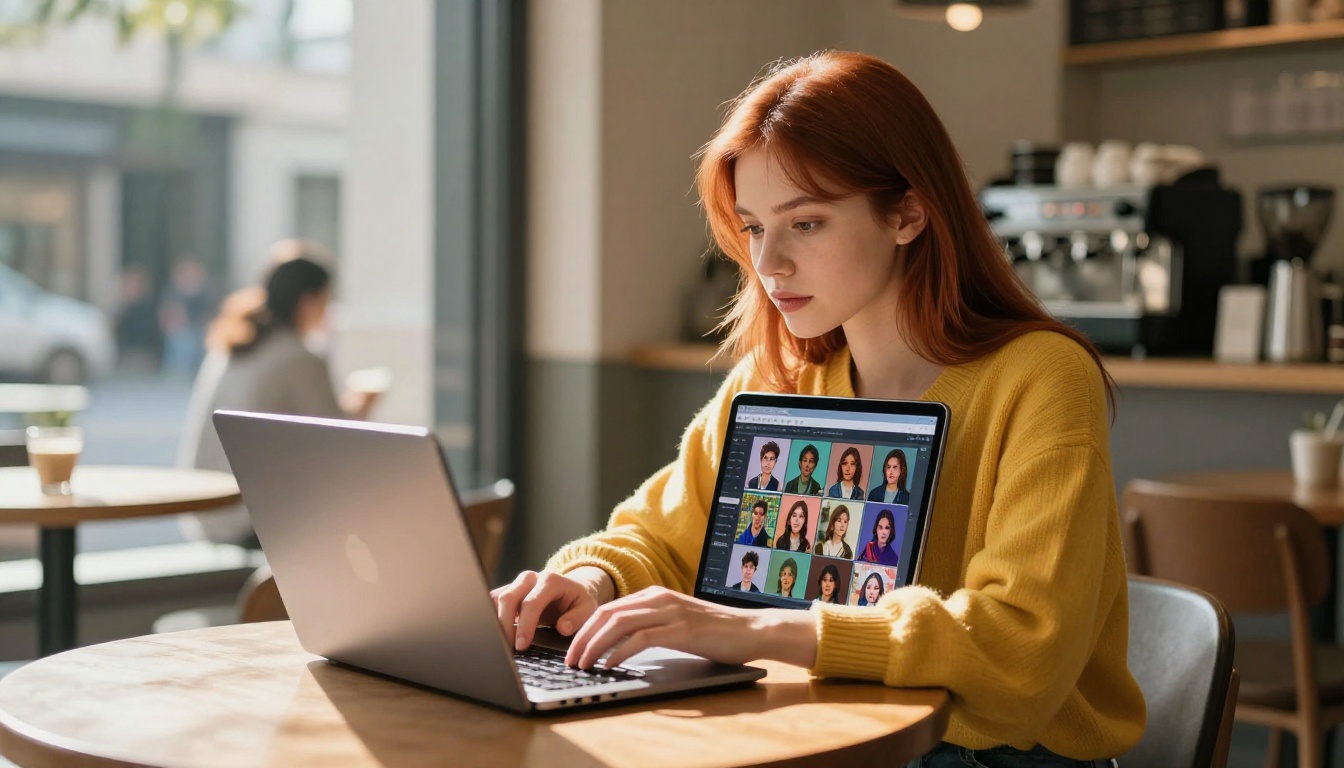 Young woman in cafe using laptop to generate AI images