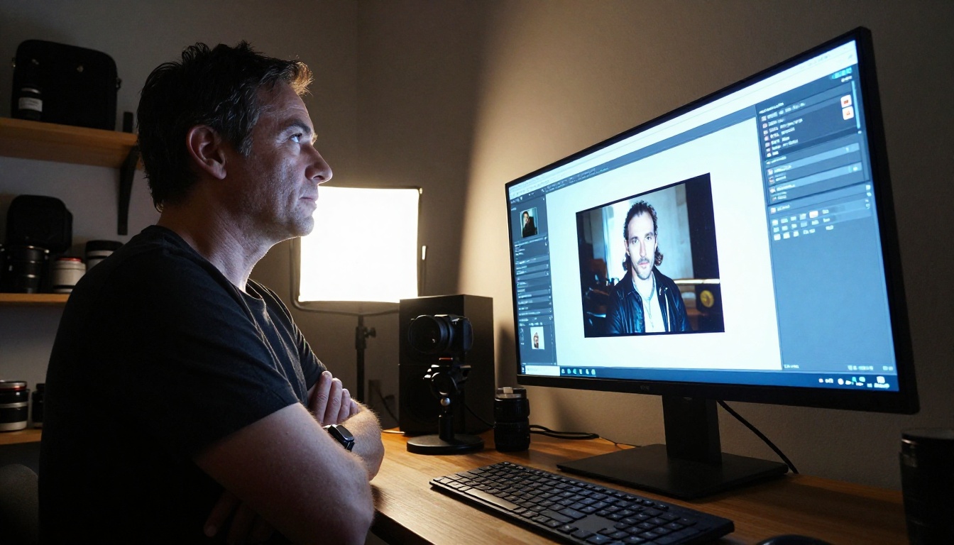 Low-angle shot of professional photographer reviewing work on a large studio monitor