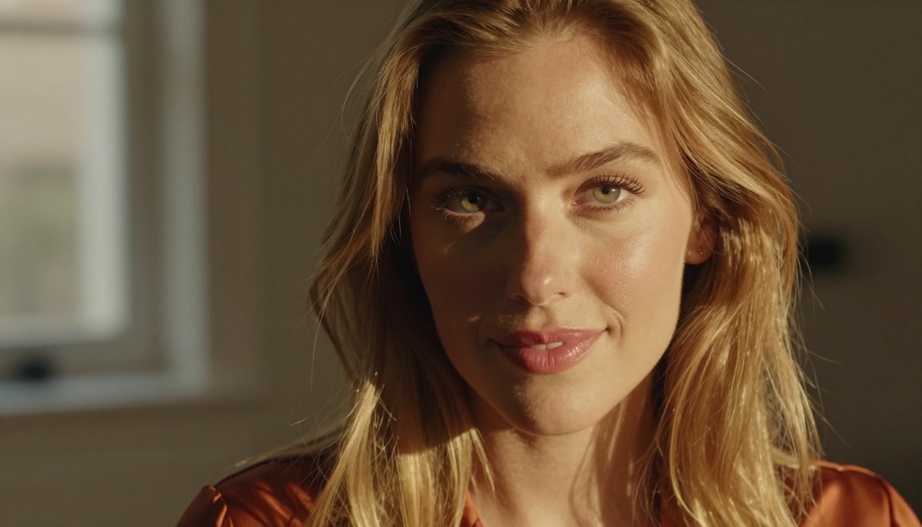 Close-up portrait with golden afternoon light showing photorealistic skin and hair detail
