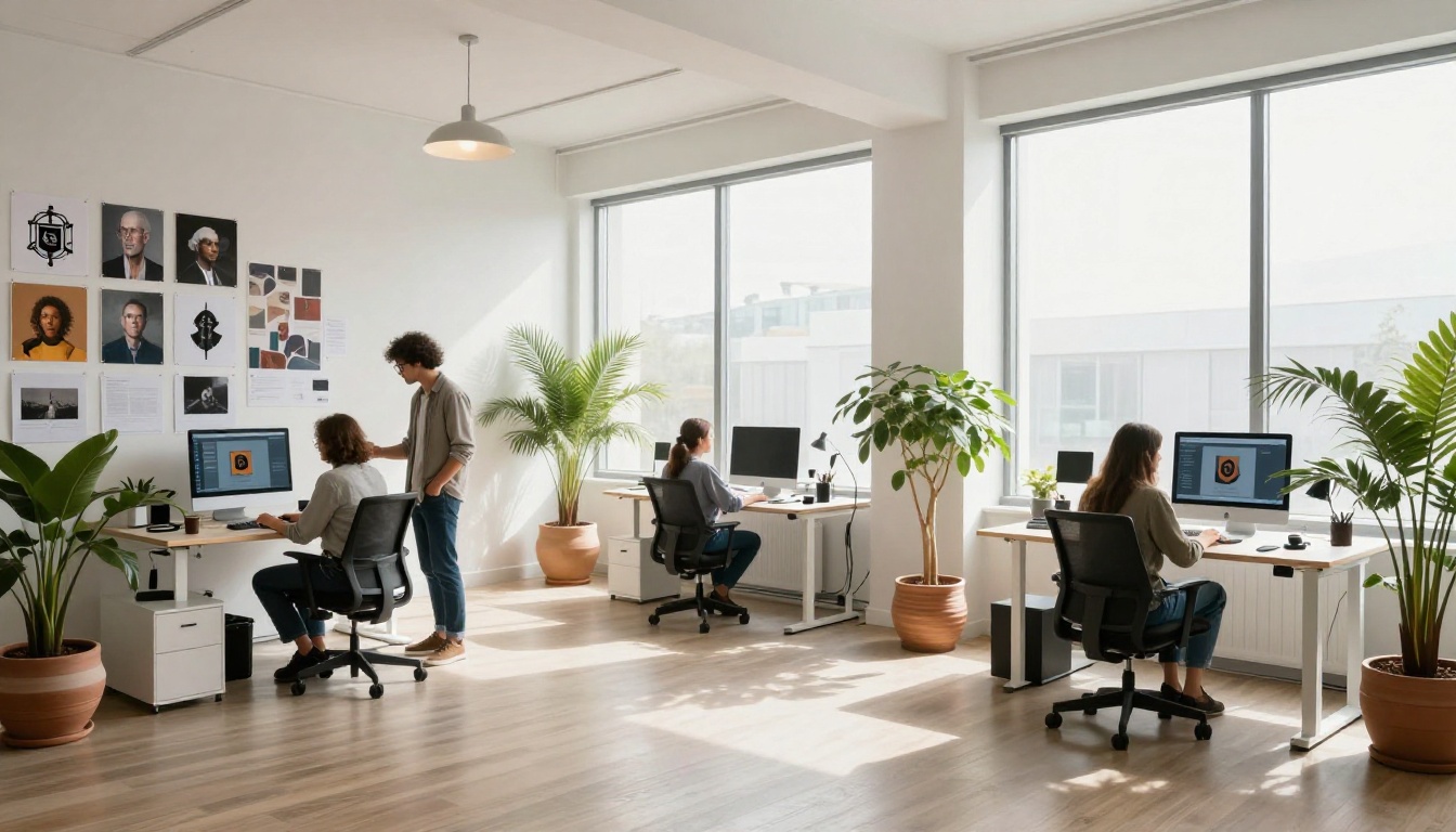Modern creative agency office with designers collaborating at multiple workstations