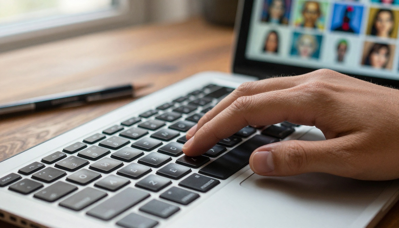 Close-up of laptop keyboard with AI-generated image grid visible on screen