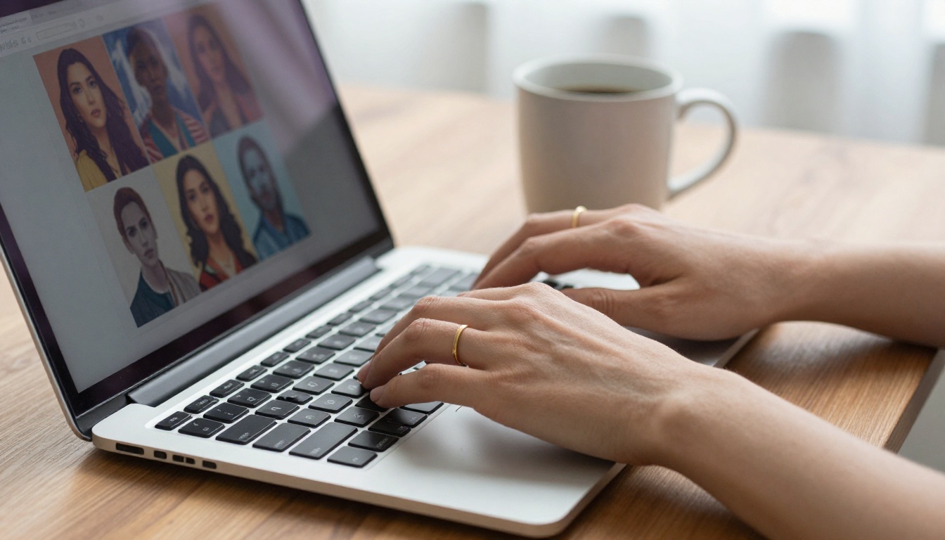 Close-up of a woman's hands typing on a laptop, with AI-generated portraits reflected on the screen
