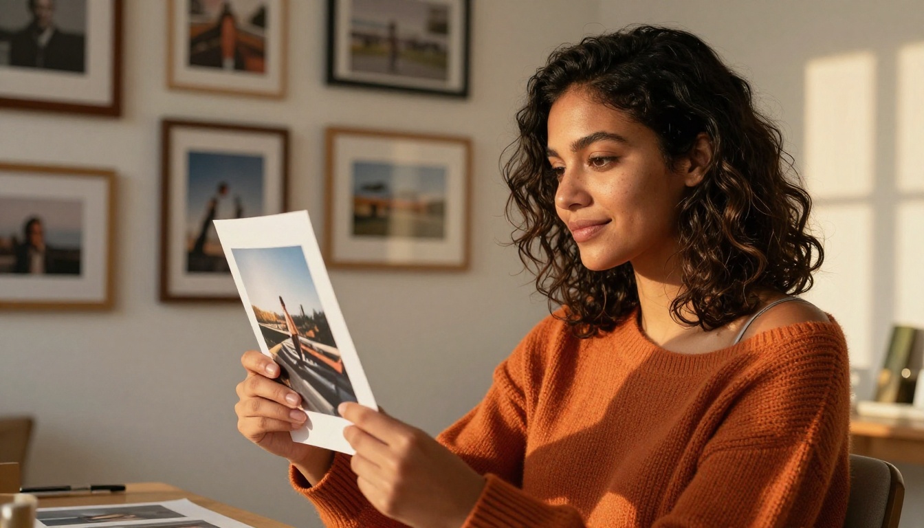 A woman in a warm studio holding printed photographs with a gentle smile, surrounded by framed prints on the wall