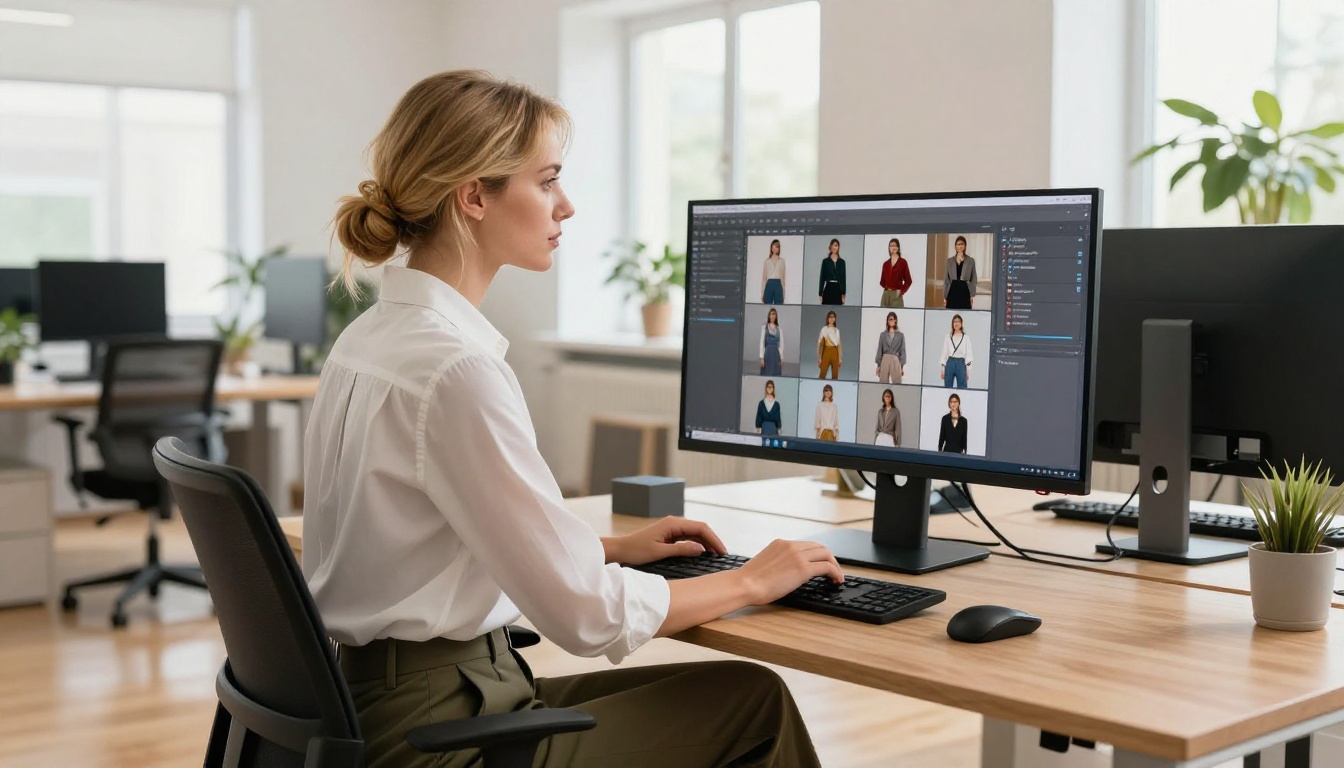 A young professional woman reviewing a grid of AI-generated fashion images on a large widescreen monitor