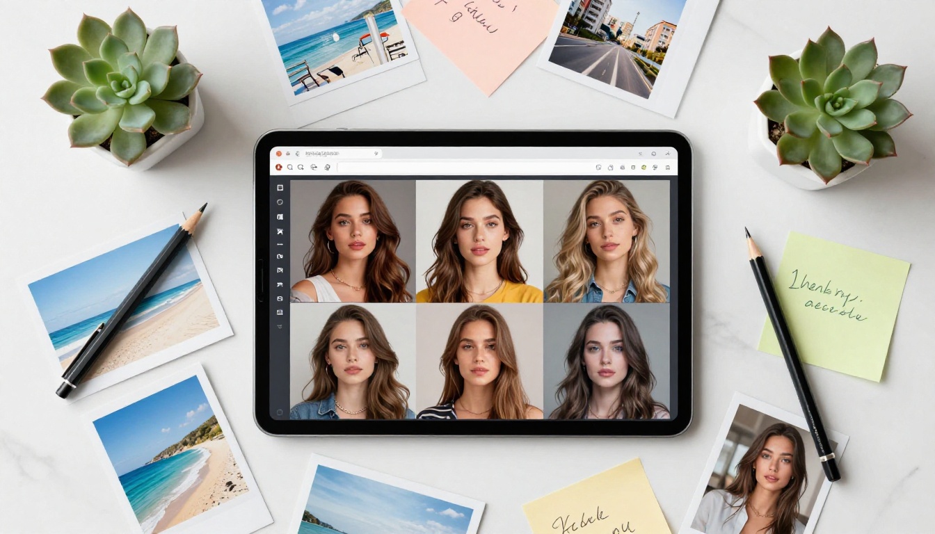 Aerial flat lay of a tablet displaying AI-generated portraits, surrounded by polaroids and design materials on white marble