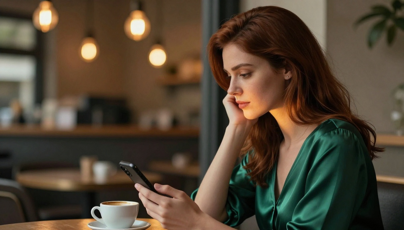 Side profile of a woman at a cafe looking at her phone, with warm Edison bulb bokeh glowing behind her