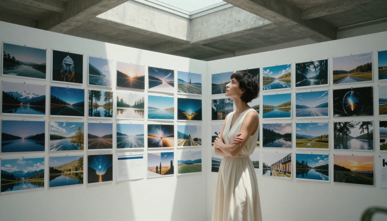 A creative woman standing before a large pin board covered in AI-generated images in a high-ceilinged concrete studio