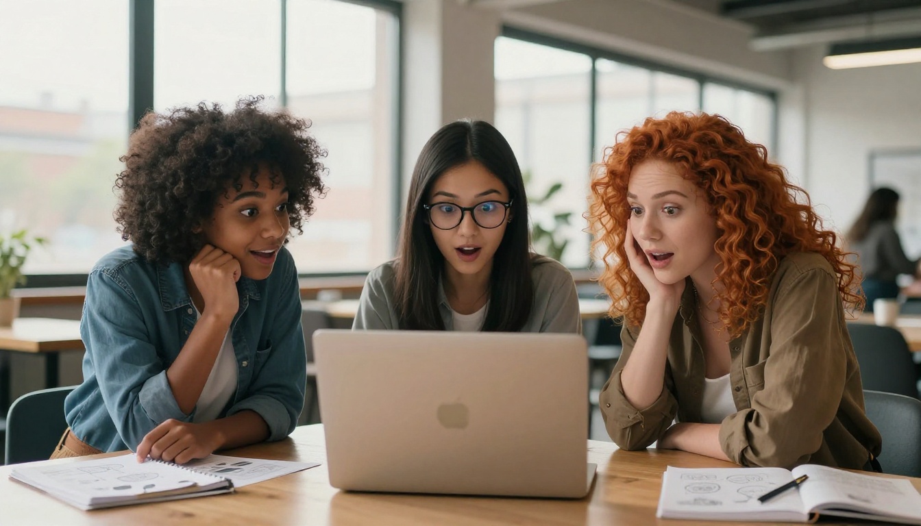 Three diverse women at a coworking table reacting with delight and surprise to what they see on a laptop screen