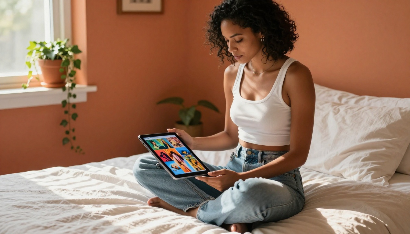 A stylish woman sitting on a linen bed with a tablet, warm terracotta walls and afternoon light striping across the sheets
