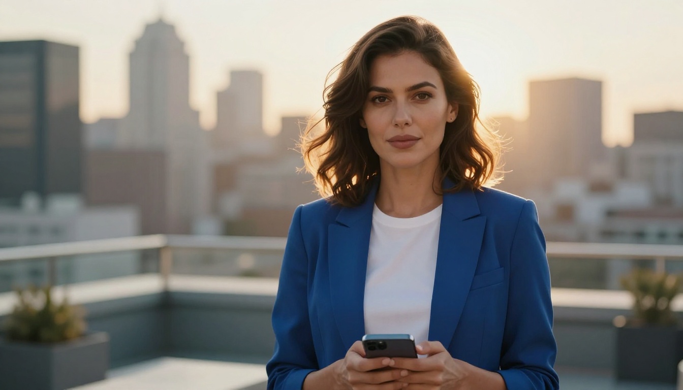 A confident woman on a rooftop terrace with a soft city skyline behind her in warm golden hour light
