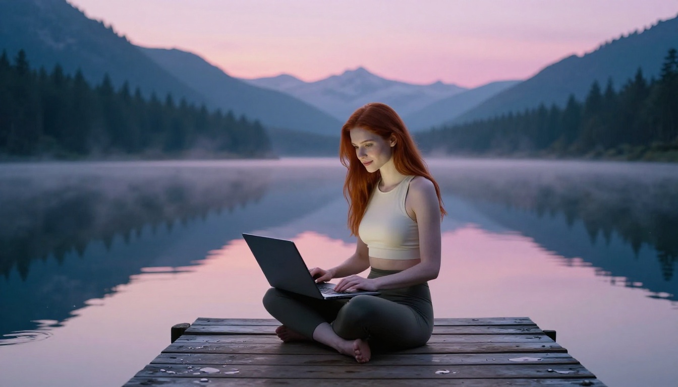 Red-haired woman with laptop on wooden dock at mountain lake at dawn, mist on water, lifestyle editorial photography
