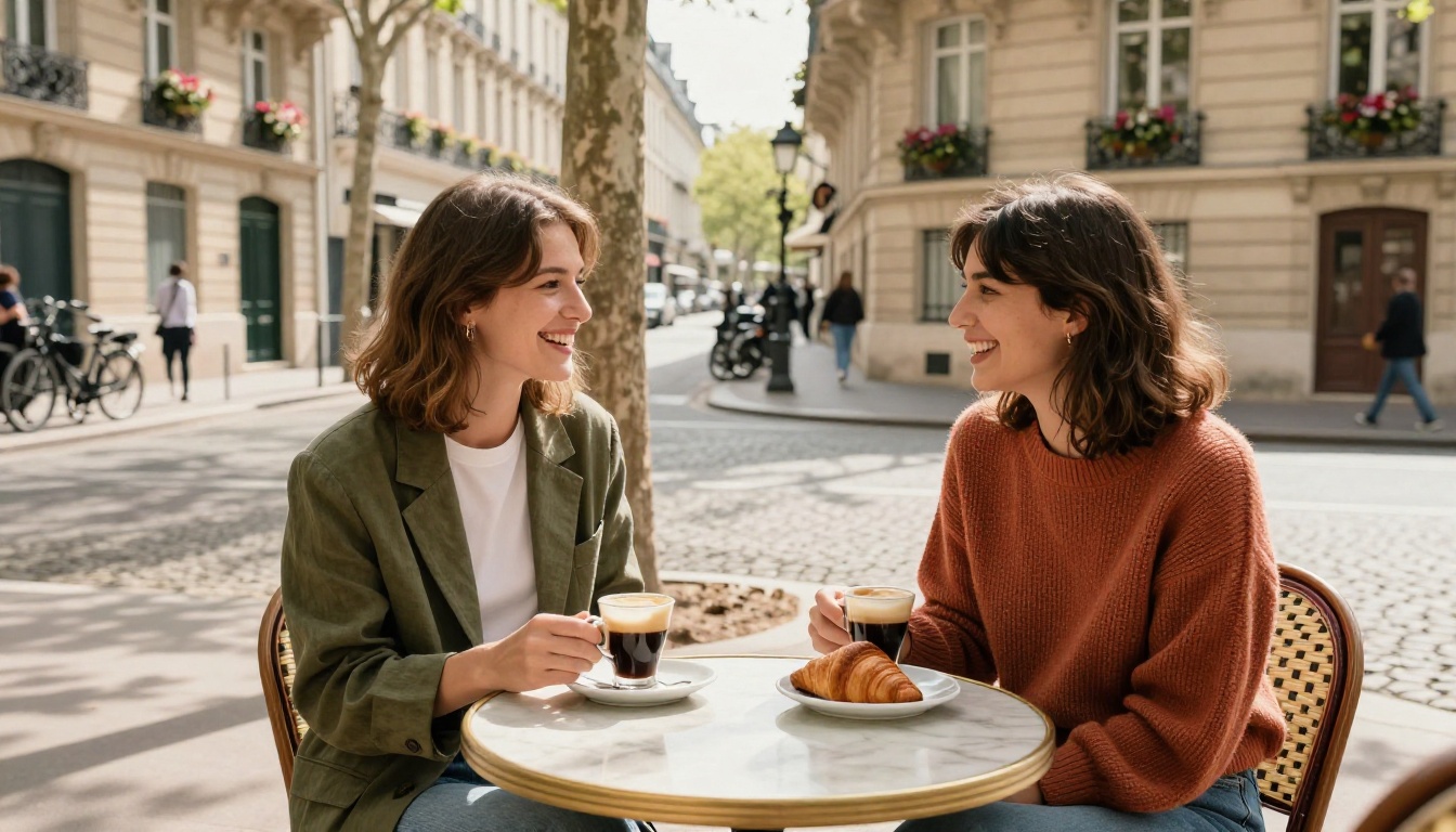 Two women laughing over espresso at a Parisian sidewalk cafe terrace in warm spring afternoon light, dappled shadows from chestnut trees, Fujifilm street photography