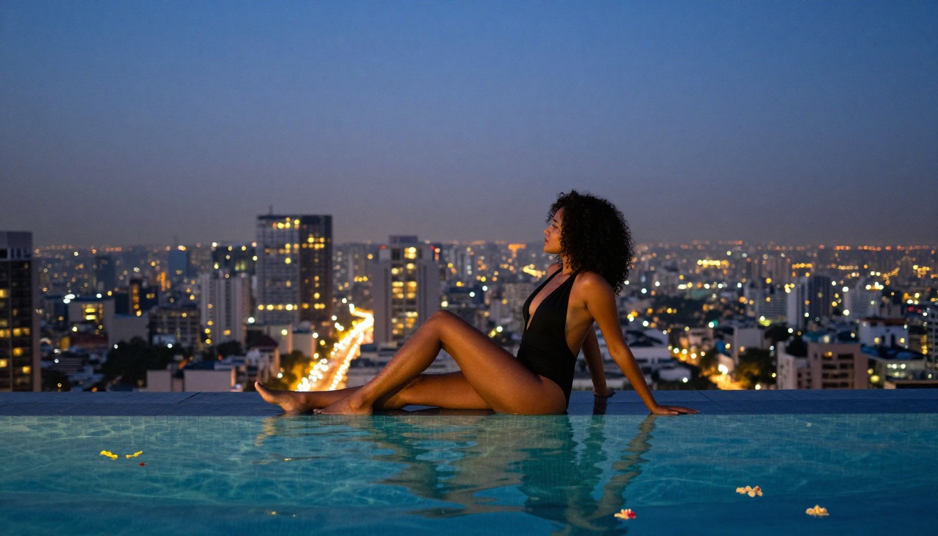 Woman in black swimsuit sitting at edge of rooftop infinity pool at blue hour, city lights reflecting on still water below, moody twilight lifestyle photography
