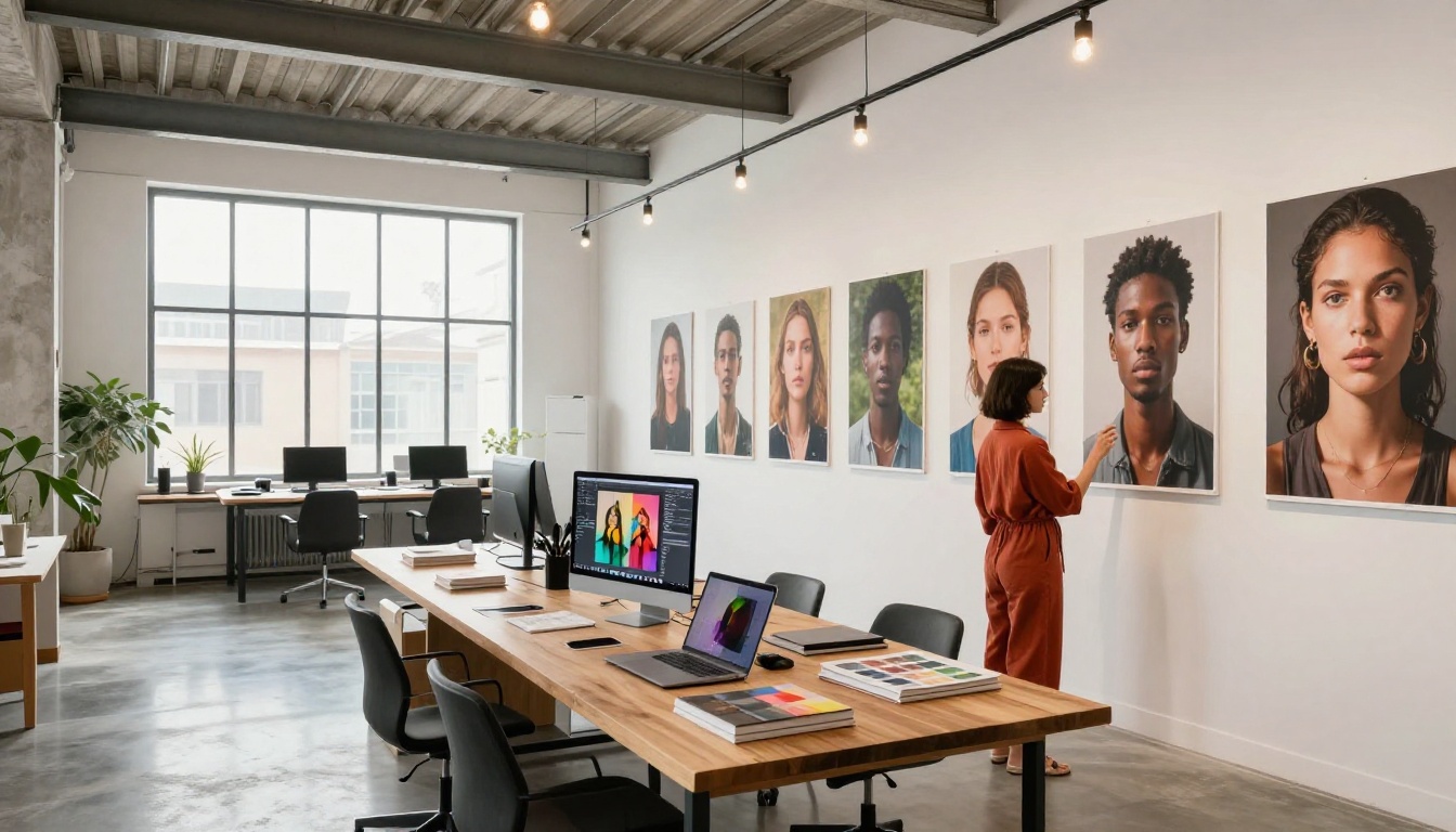 Modern creative studio with AI-generated portrait prints displayed on a gallery wall