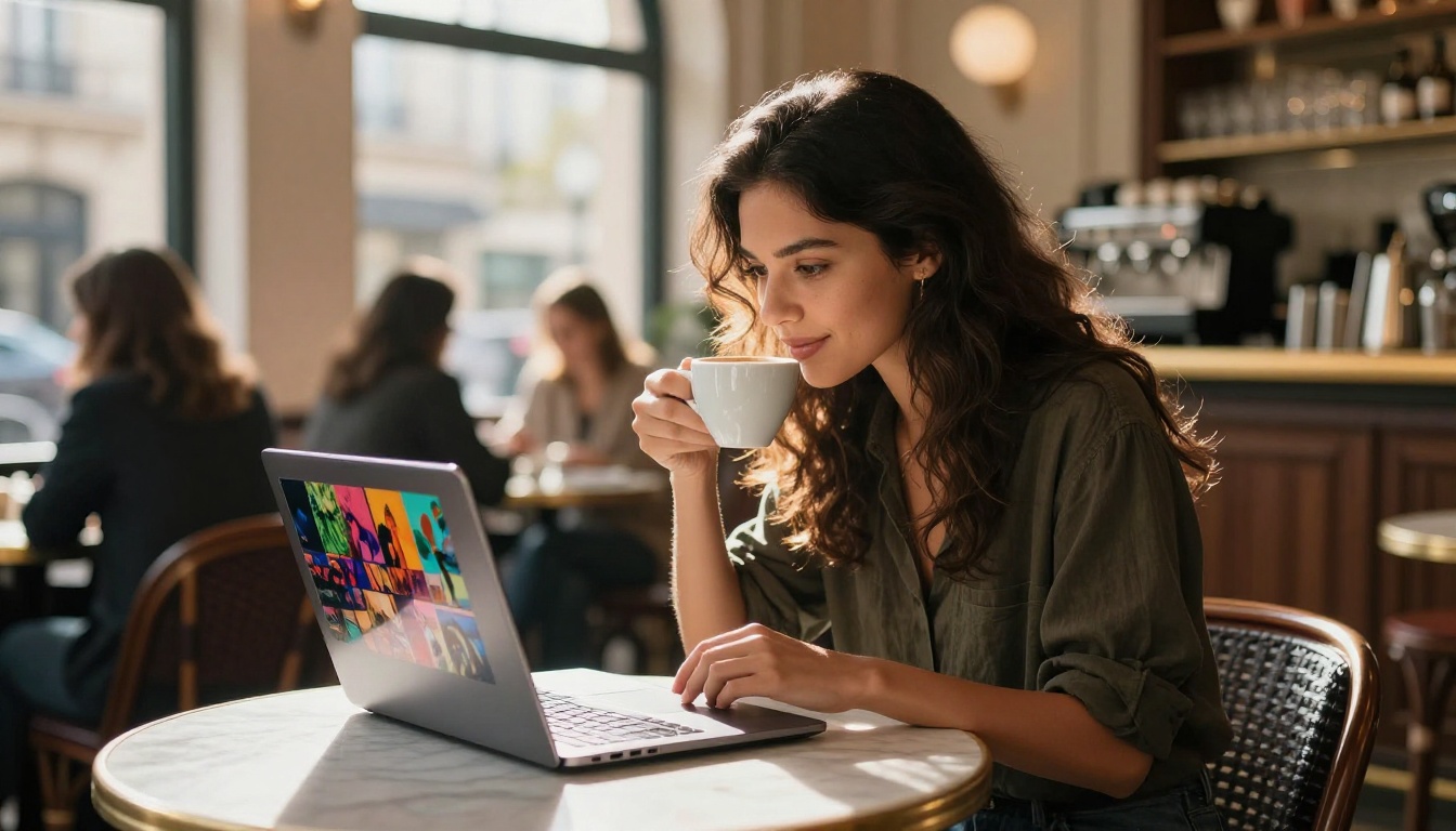 Young woman at café scrolling through AI-generated image gallery on her laptop