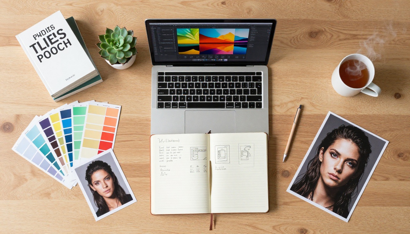 Aerial top-down flat-lay of a creative workspace with design materials and open laptop