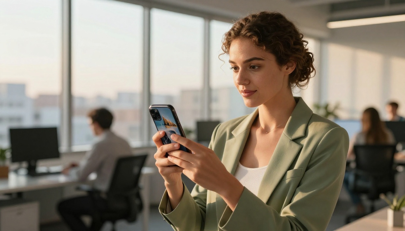 Confident young woman scrolling an AI image gallery on her smartphone in a modern office