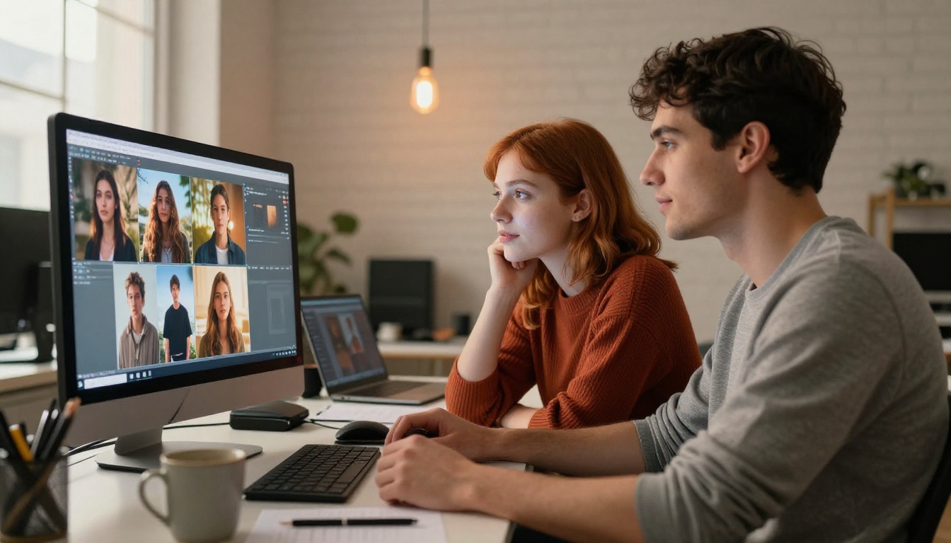 Two creative professionals reviewing AI-generated image comparisons on a large monitor
