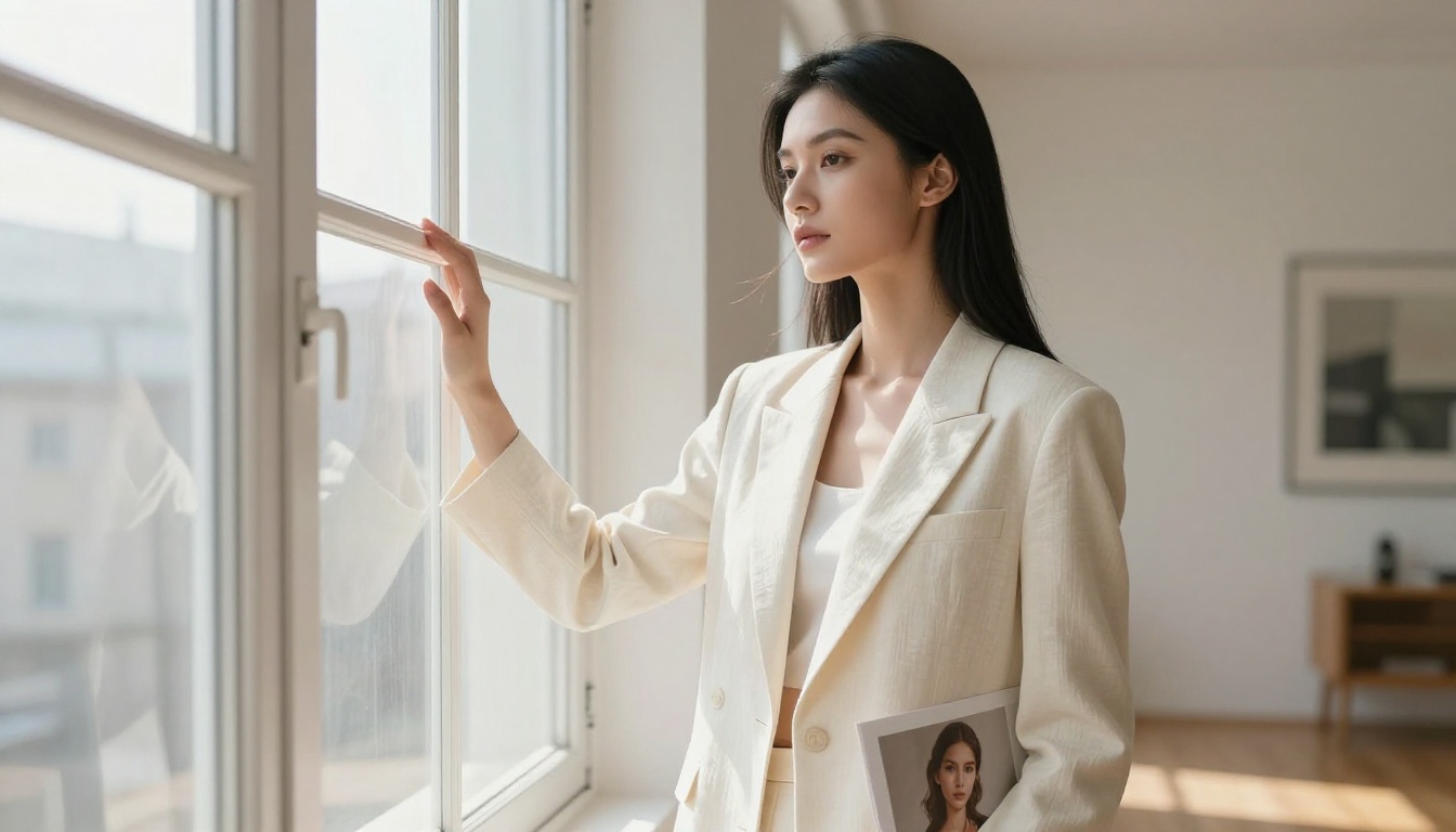 Elegant young woman holding an AI-generated portrait print at a light-filled studio window