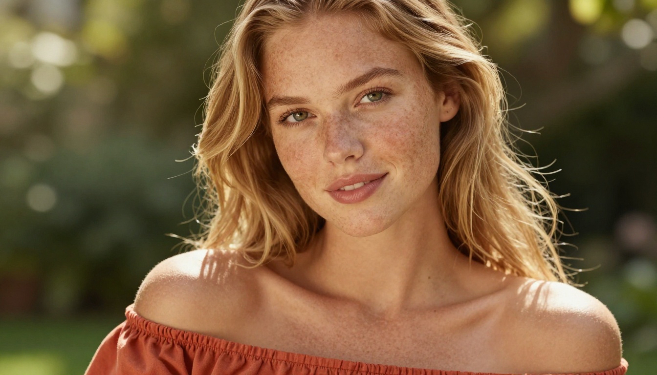 Close-up portrait of a young woman with freckles outdoors demonstrating photorealistic AI image quality