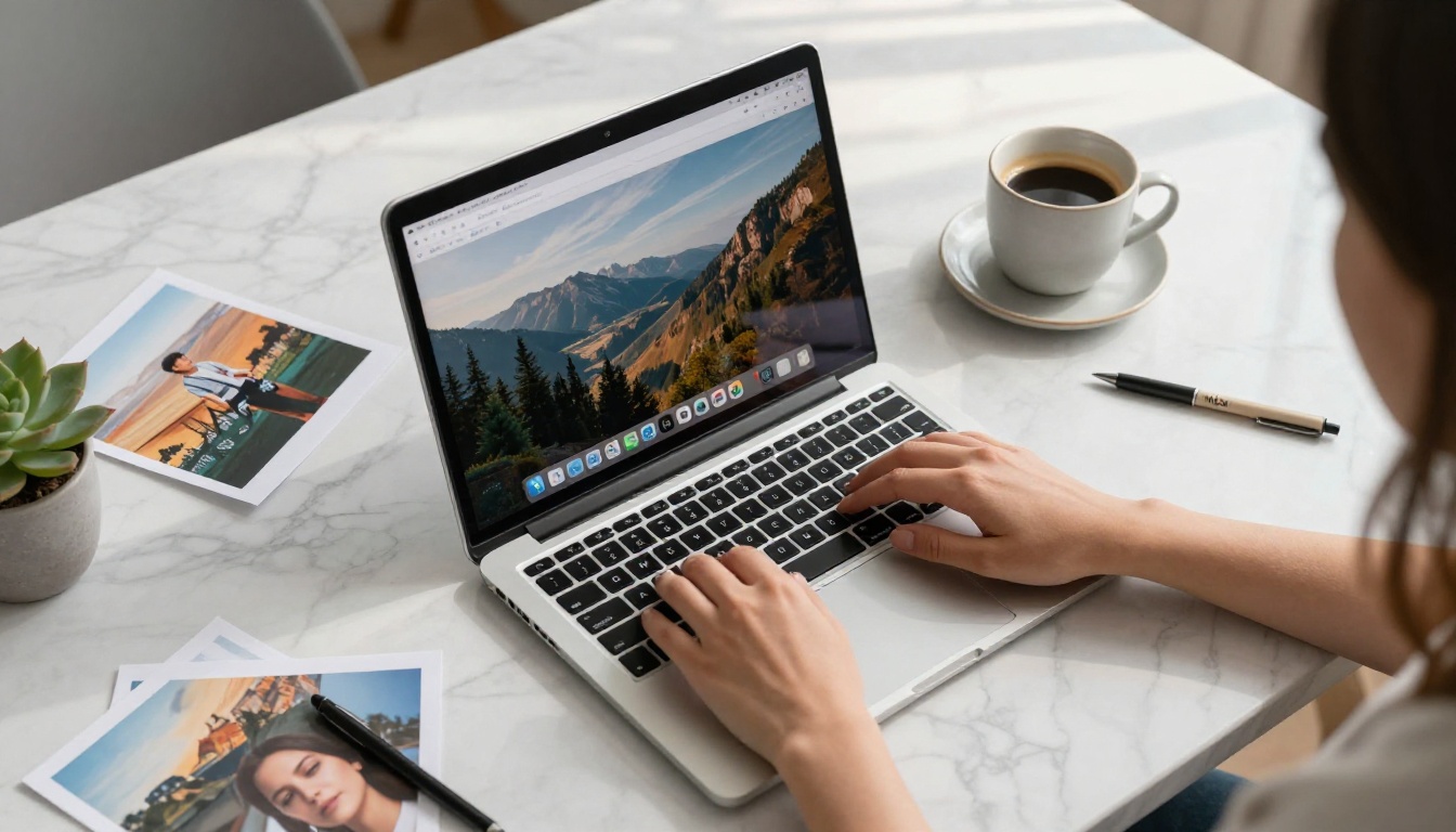 Creative professional working with AI images at a bright studio desk