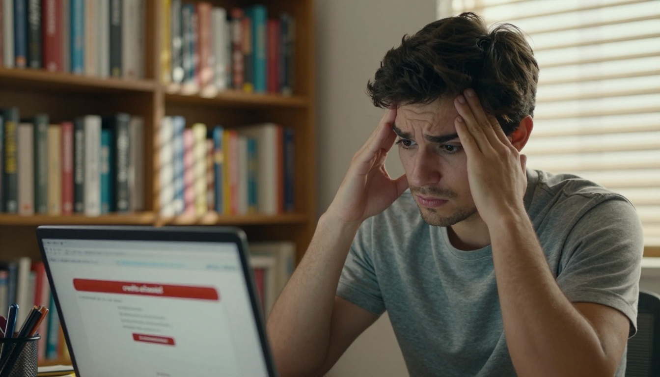 Frustrated designer staring at a laptop showing a credit exhaustion notification