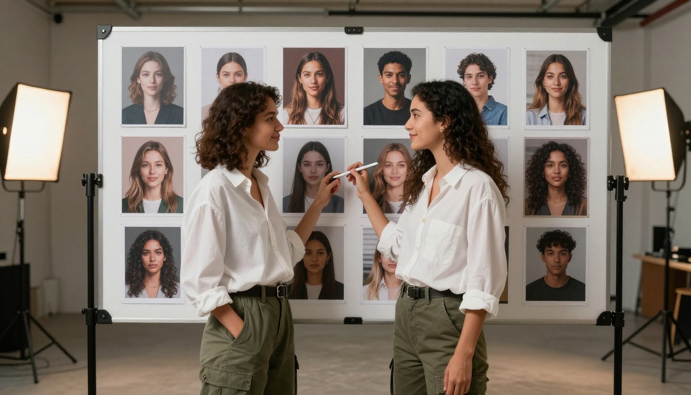 Latina graphic designer reviewing AI-generated images on a studio light board