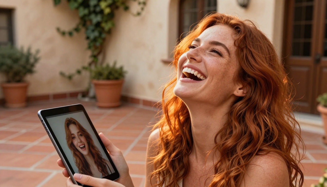 Woman laughing joyfully while holding a tablet showing AI-generated portrait images