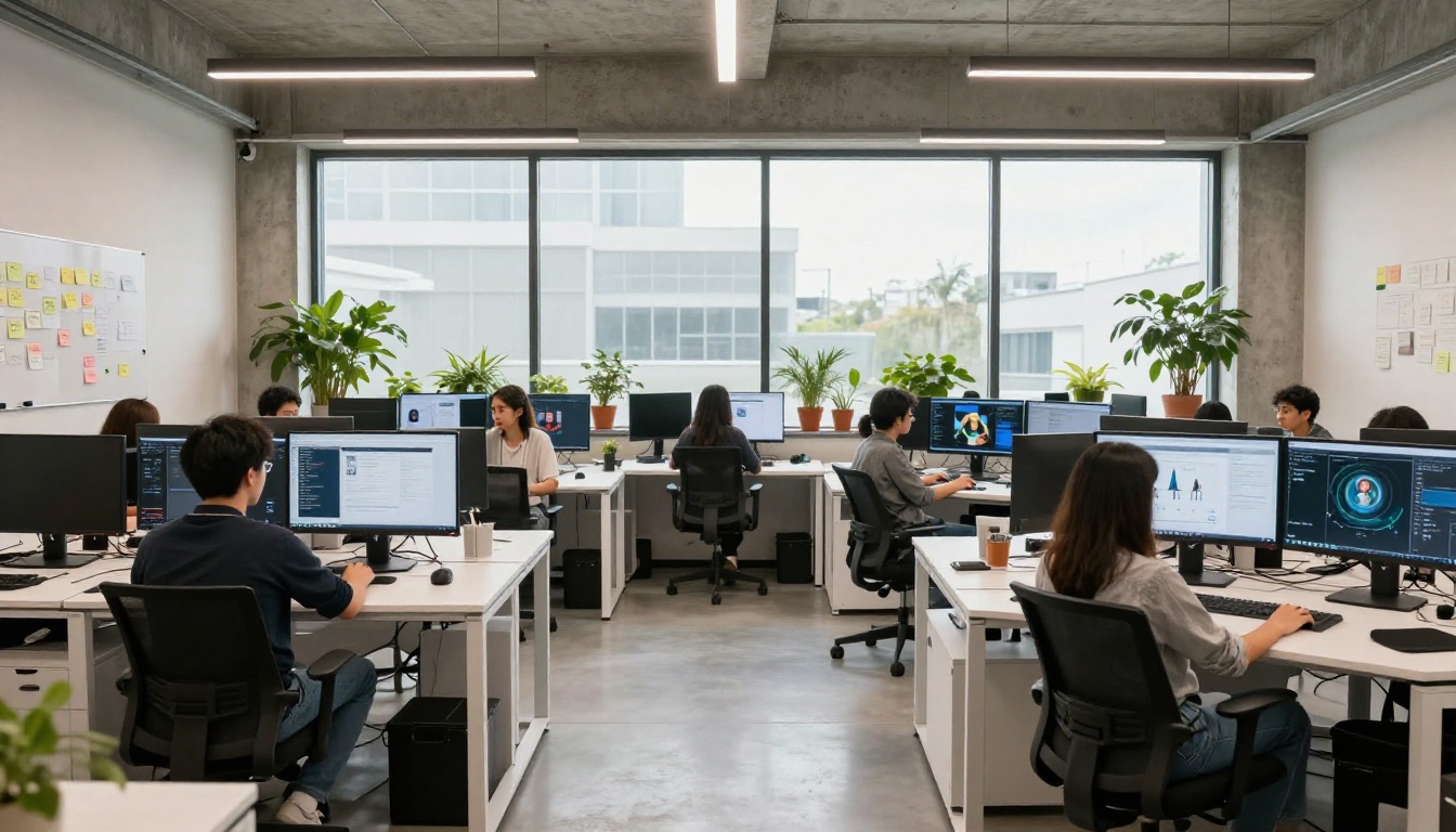 Wide shot of modern creative agency office with professionals working on AI image projects
