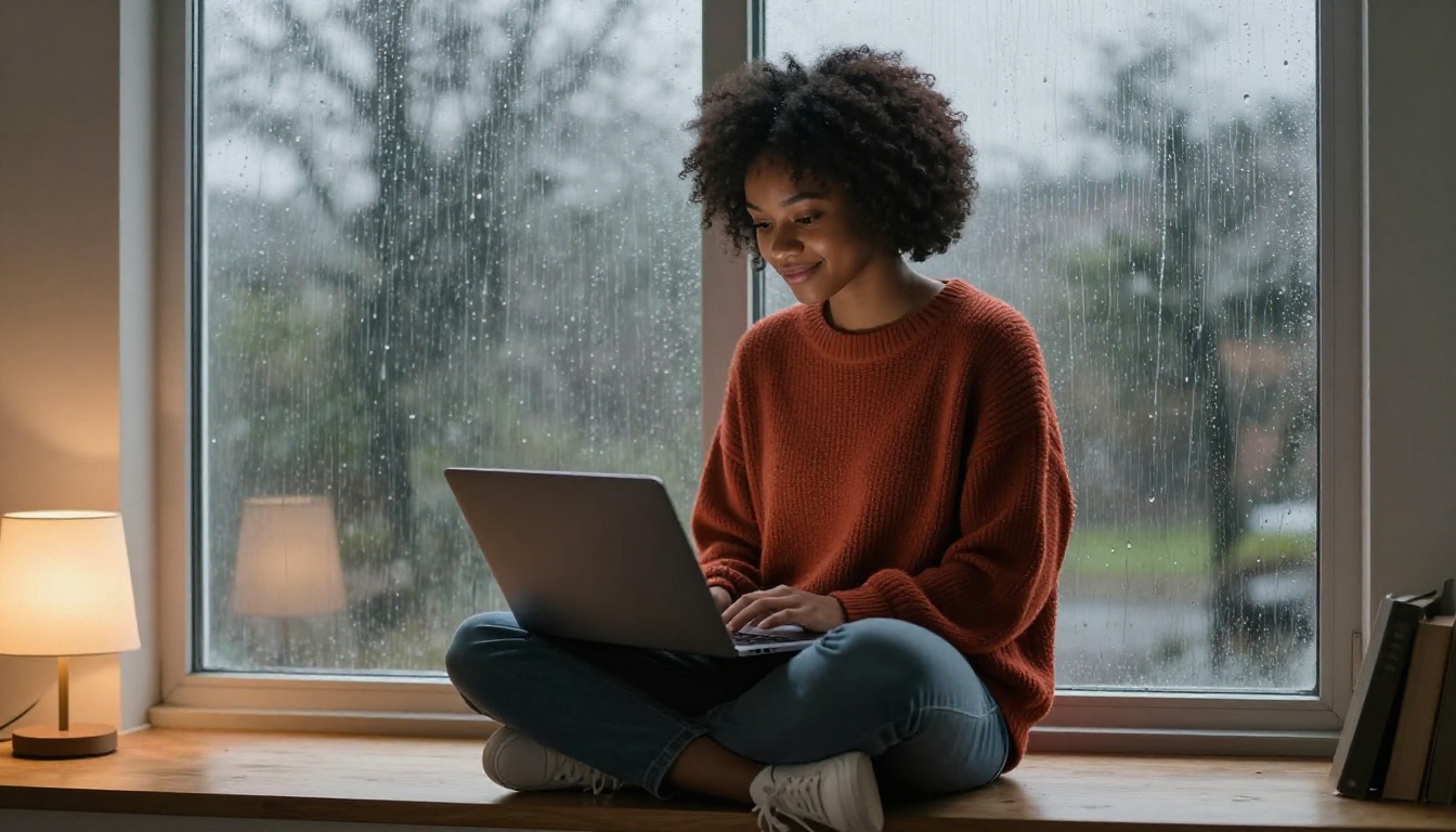 Black woman working on laptop by a rainy window with a satisfied expression