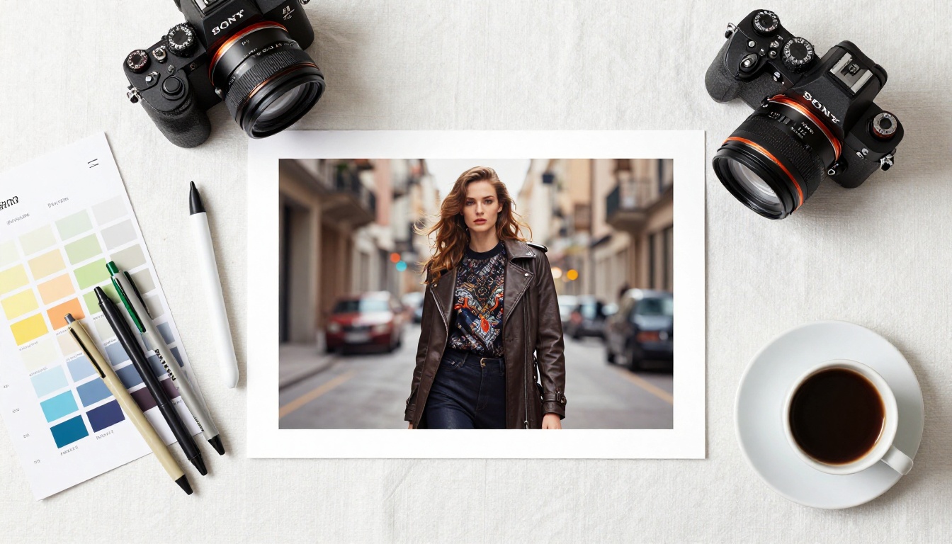 Creative professional workspace flat-lay with AI-generated images, design tools, and espresso