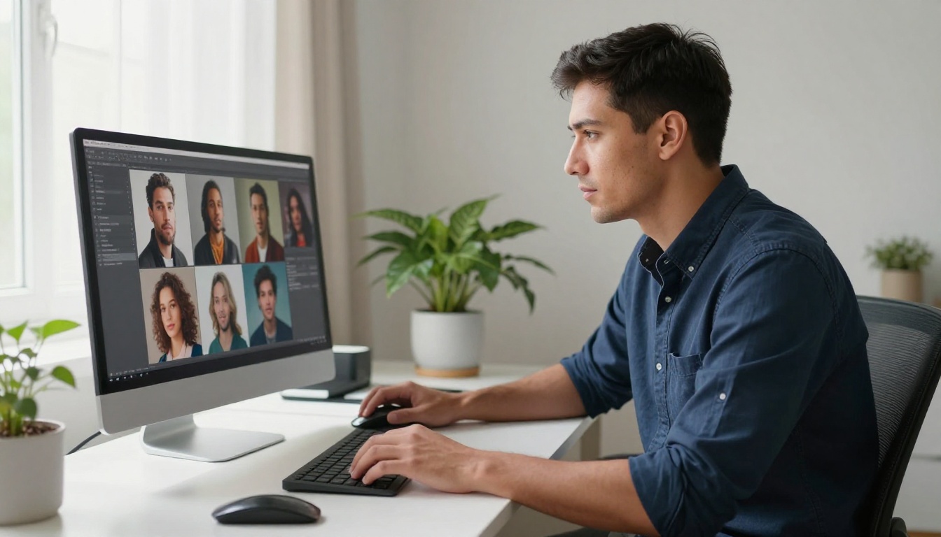 Creative professional man at Scandinavian home office reviewing AI-generated portrait grid on monitor