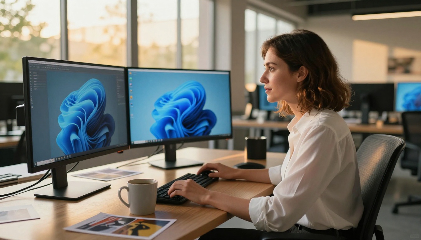 Creative professional at modern desk with curved monitors displaying vivid AI-generated artwork Creative professional at modern desk with curved monitors displaying vivid AI-generated artwork
