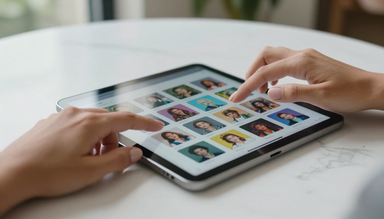 AI creative workspace with hands browsing model thumbnails on tablet