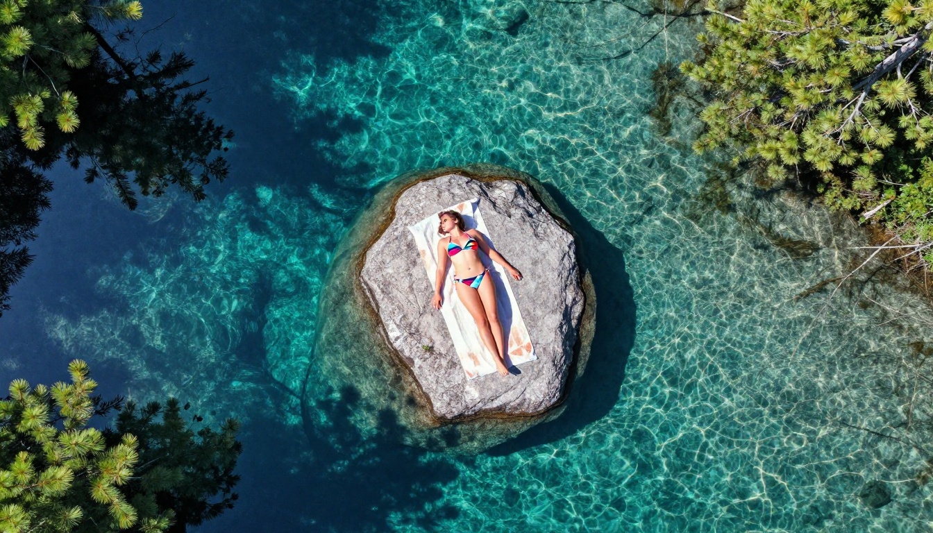 Aerial view of woman sunbathing on a rock surrounded by pristine mountain lake water Aerial view of woman sunbathing on a rock surrounded by pristine mountain lake water