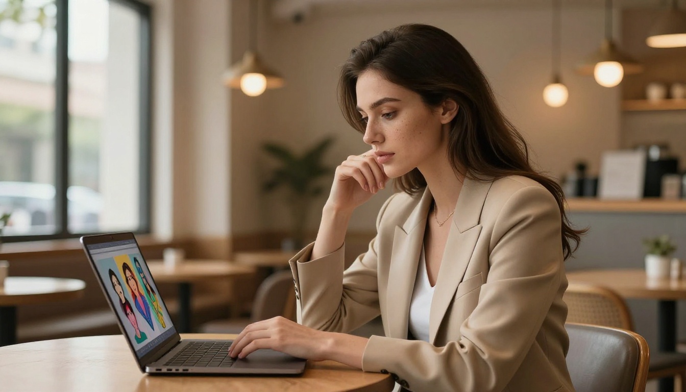 Elegant woman at cafe laptop browsing AI-generated portrait options