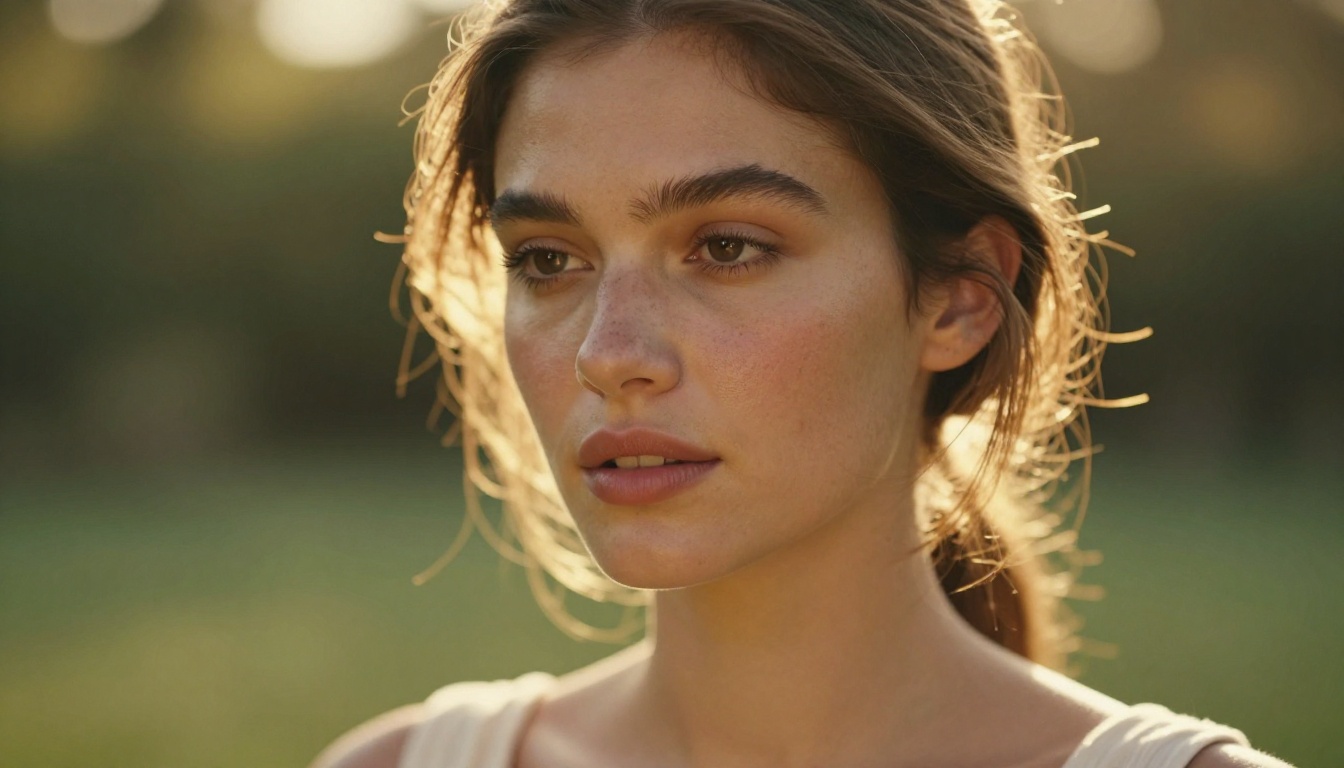 Close-up portrait of beautiful woman with natural makeup in golden hour outdoor light Close-up portrait of beautiful woman with natural makeup in golden hour outdoor light