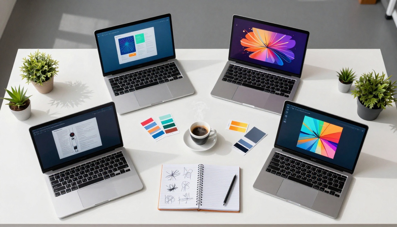 Bird's-eye view of creative agency desk with four AI image laptops