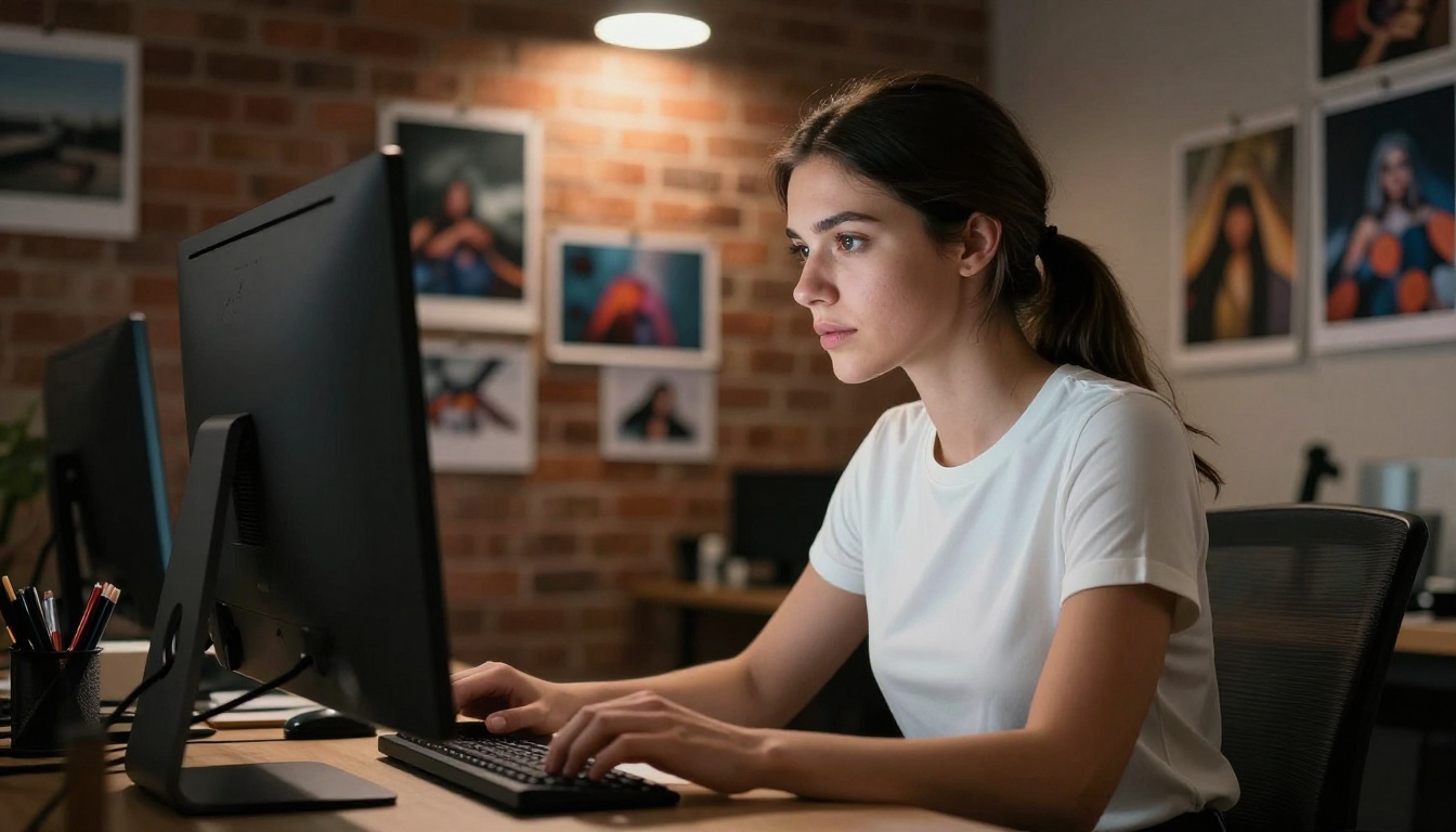 Focused woman reviewing AI model library on ultrawide monitor