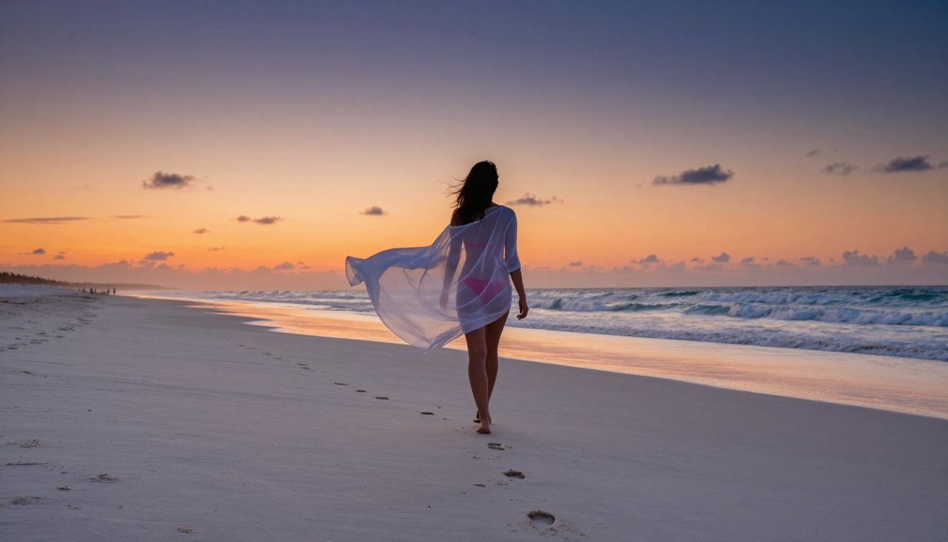 Woman walking on a deserted sunset beach, sheer cover-up billowing in the warm ocean breeze Woman walking on a deserted sunset beach, sheer cover-up billowing in the warm ocean breeze