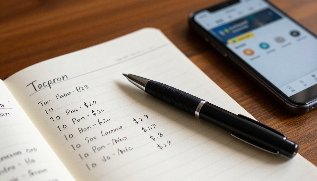 Close-up of handwritten pricing comparison notepad with pen