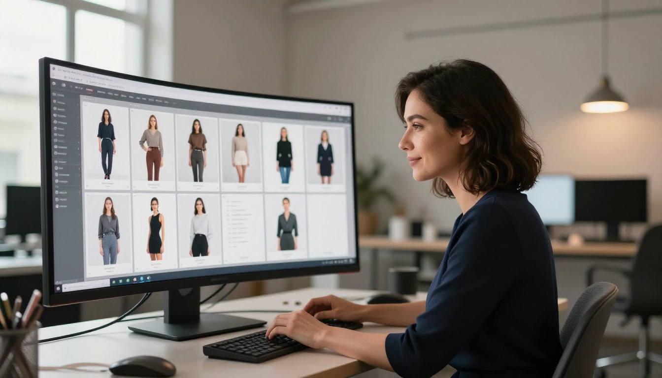Woman in navy dress satisfied browsing AI model options on ultrawide screen