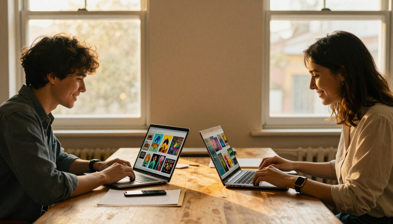 Young man and woman collaborating on AI image projects side by side