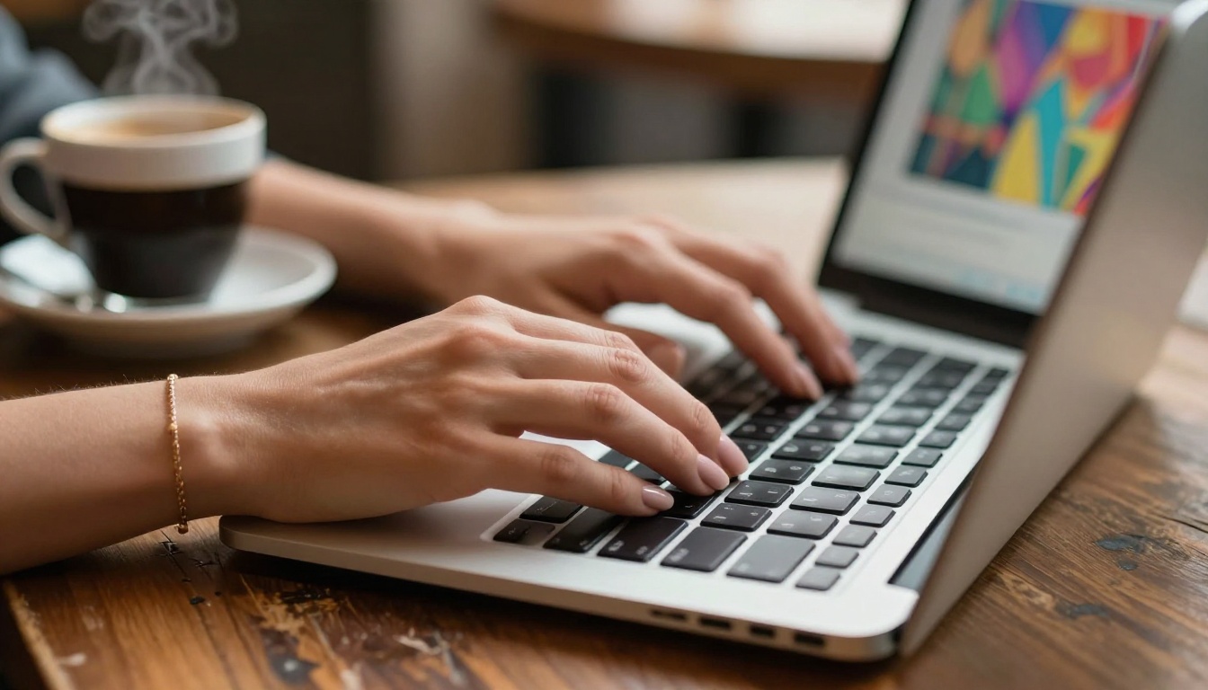 Woman's hands on a laptop keyboard in warm afternoon light with espresso cup beside the workspace