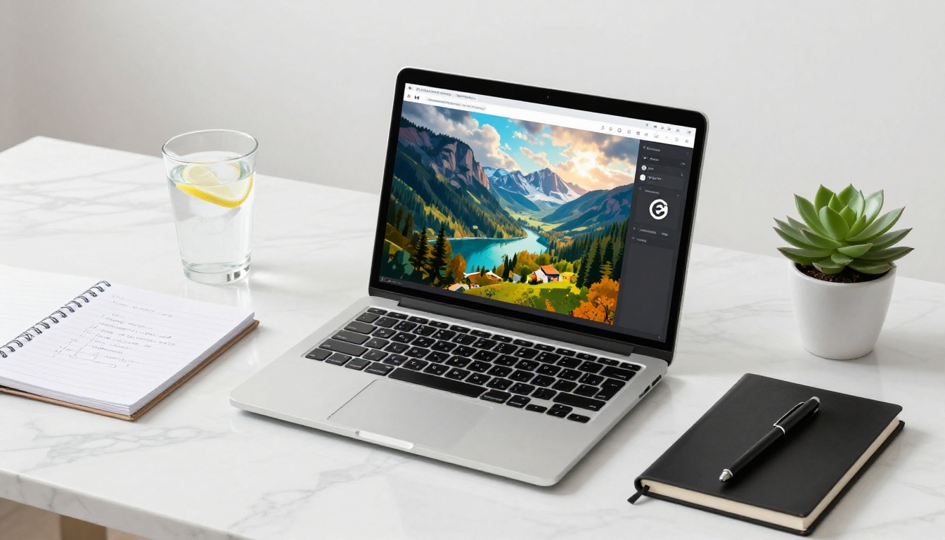 Minimalist flat-lay of laptop on marble desk with creative workspace items