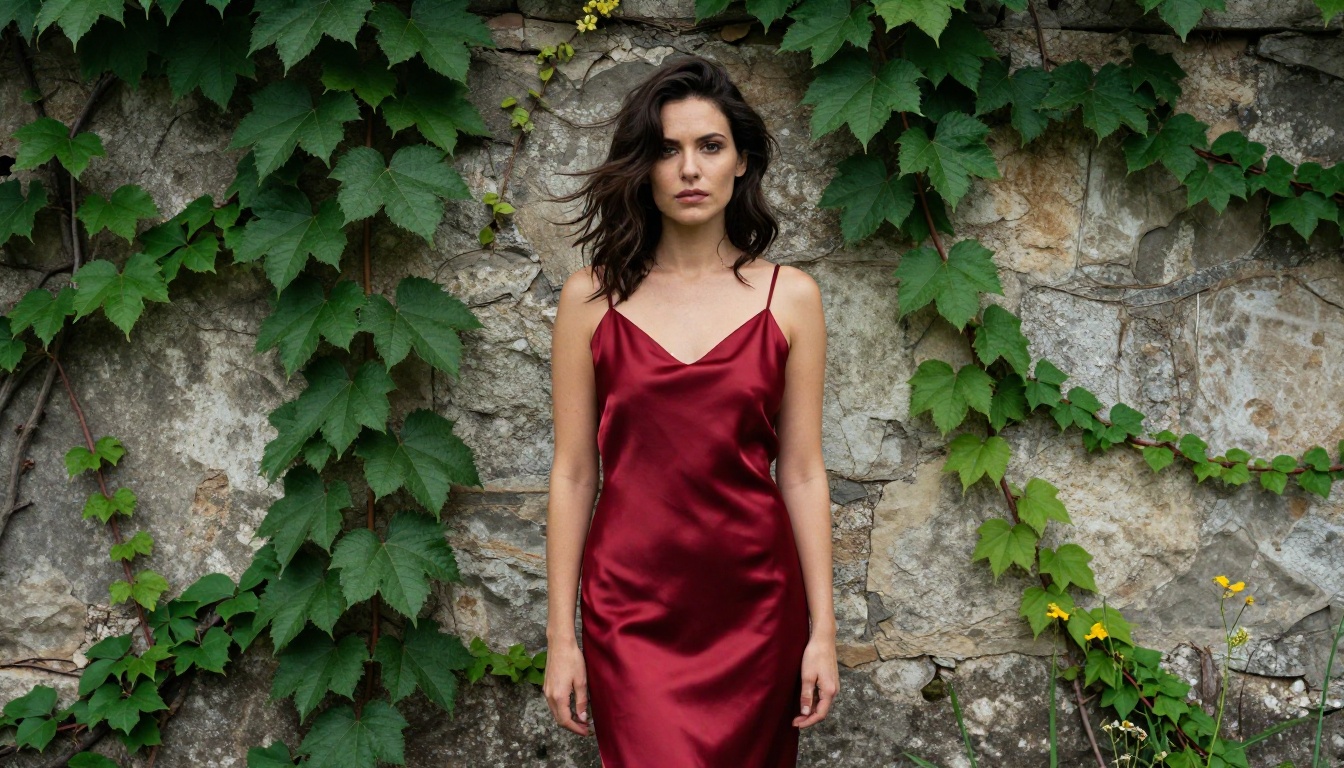 Confident woman in bold deep red satin dress standing before a vine-covered stone wall in natural light
