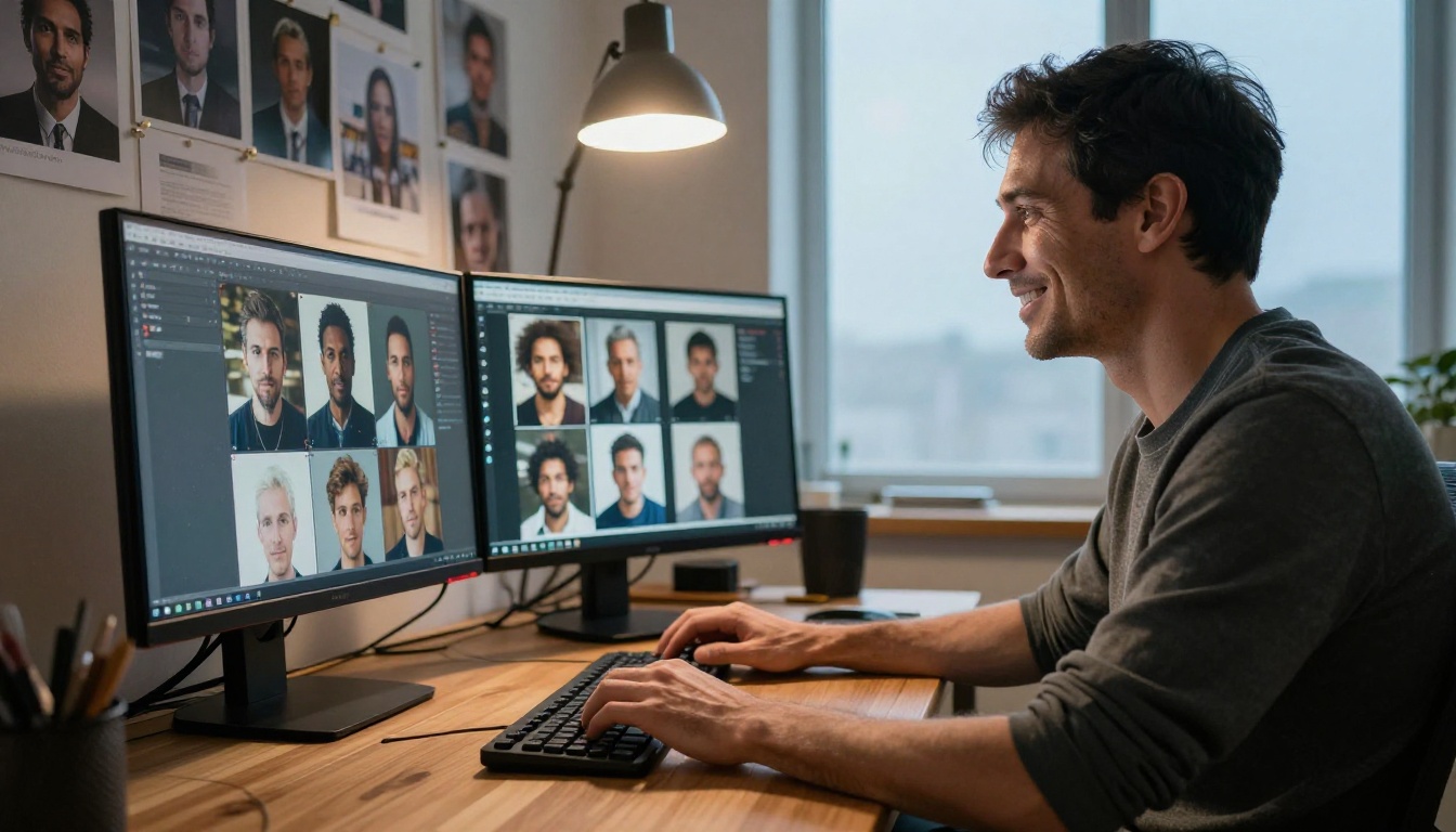 Graphic designer smiling at a monitor showing a gallery of AI-generated high-quality portrait images