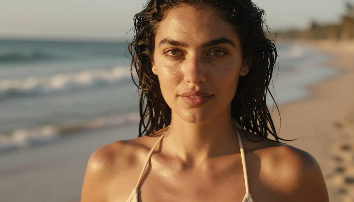 Close-up portrait of a woman on a sunlit beach, showcasing photorealistic AI image quality