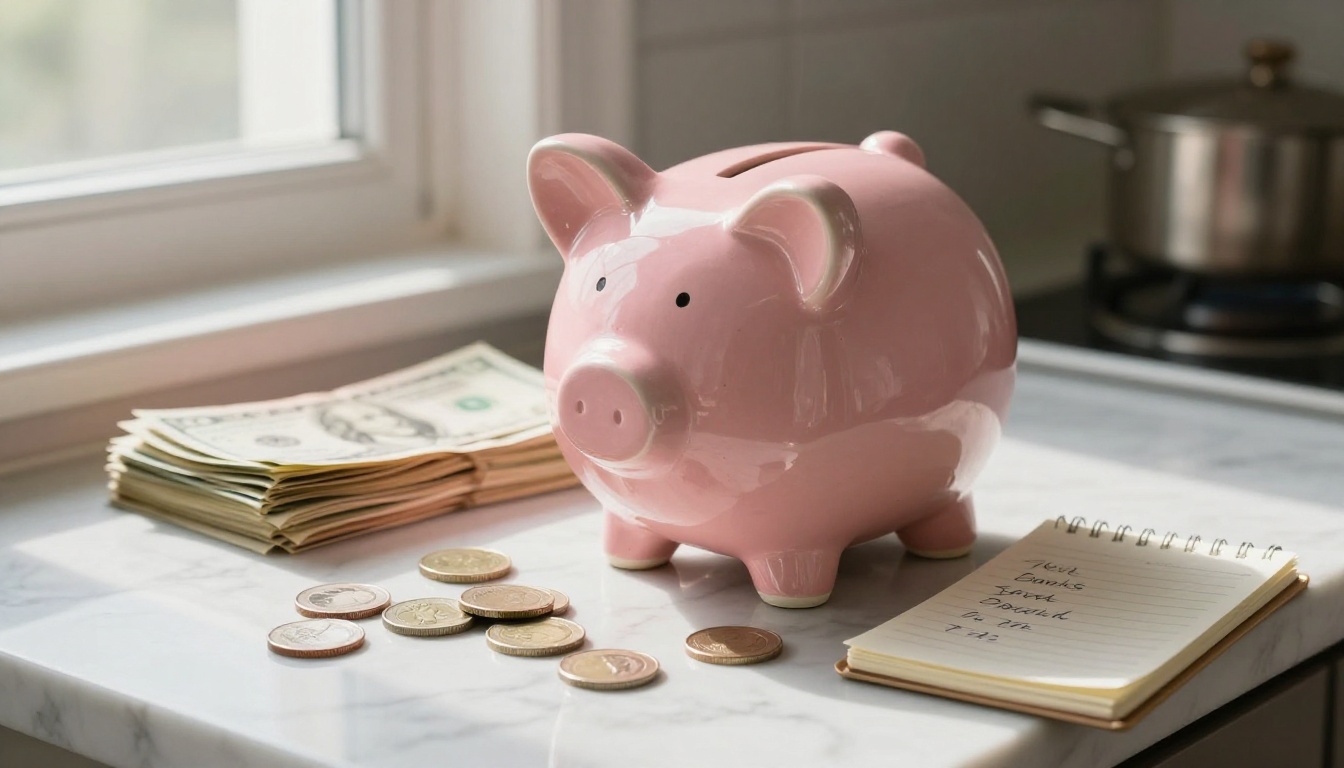 Pink ceramic piggy bank on a marble counter surrounded by dollar bills and coins in morning light